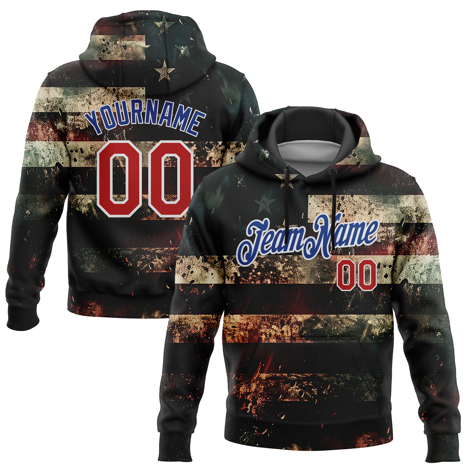 Custom Stitched Black Red Royal-White 3D American Flag Retro Distressed Grunge Sports Pullover Sweatshirt Hoodie
