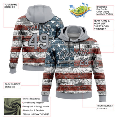 Custom Stitched Gray Red Blue-Black 3D American Flag Retro Distressed Grunge Sports Pullover Sweatshirt Hoodie