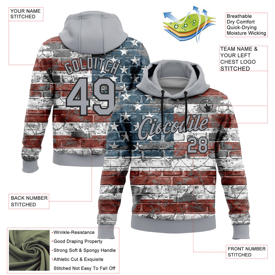 Custom Stitched Gray Red Blue-Black 3D American Flag Retro Distressed Grunge Sports Pullover Sweatshirt Hoodie