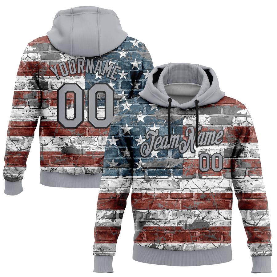 Custom Stitched Gray Red Blue-Black 3D American Flag Retro Distressed Grunge Sports Pullover Sweatshirt Hoodie