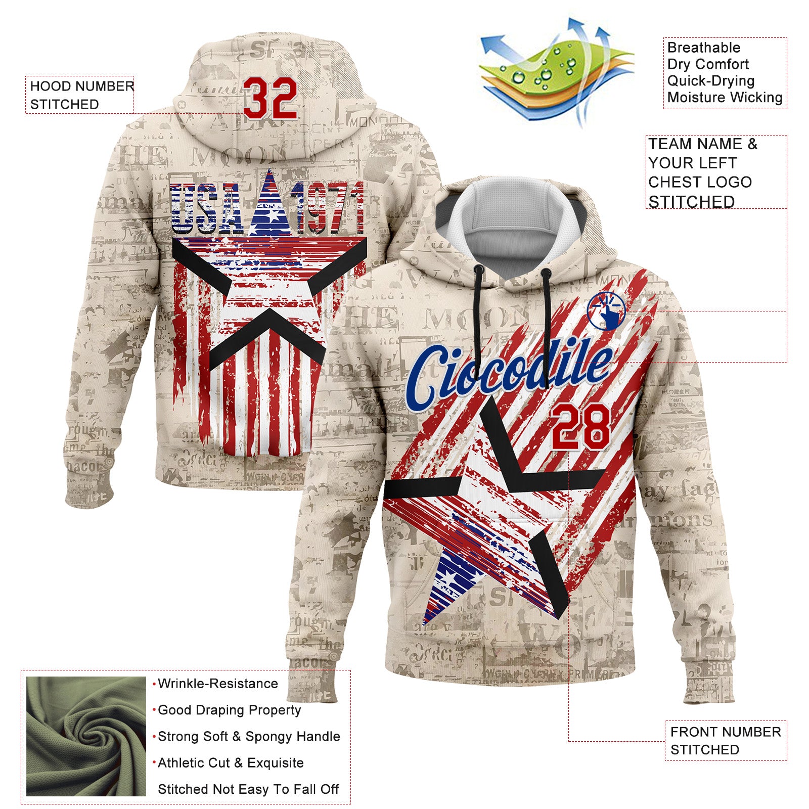Custom Stitched Cream Red Royal-White 3D American Flag Retro Distressed Grunge Sports Pullover Sweatshirt Hoodie