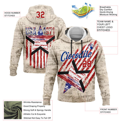 Custom Stitched Cream Red Royal-White 3D American Flag Retro Distressed Grunge Sports Pullover Sweatshirt Hoodie