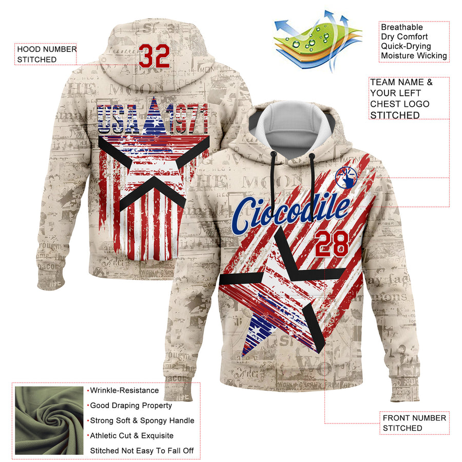 Custom Stitched Cream Red Royal-White 3D American Flag Retro Distressed Grunge Sports Pullover Sweatshirt Hoodie