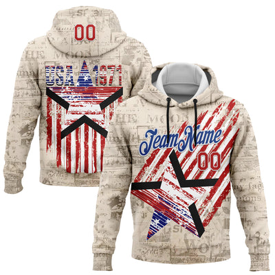 Custom Stitched Cream Red Royal-White 3D American Flag Retro Distressed Grunge Sports Pullover Sweatshirt Hoodie