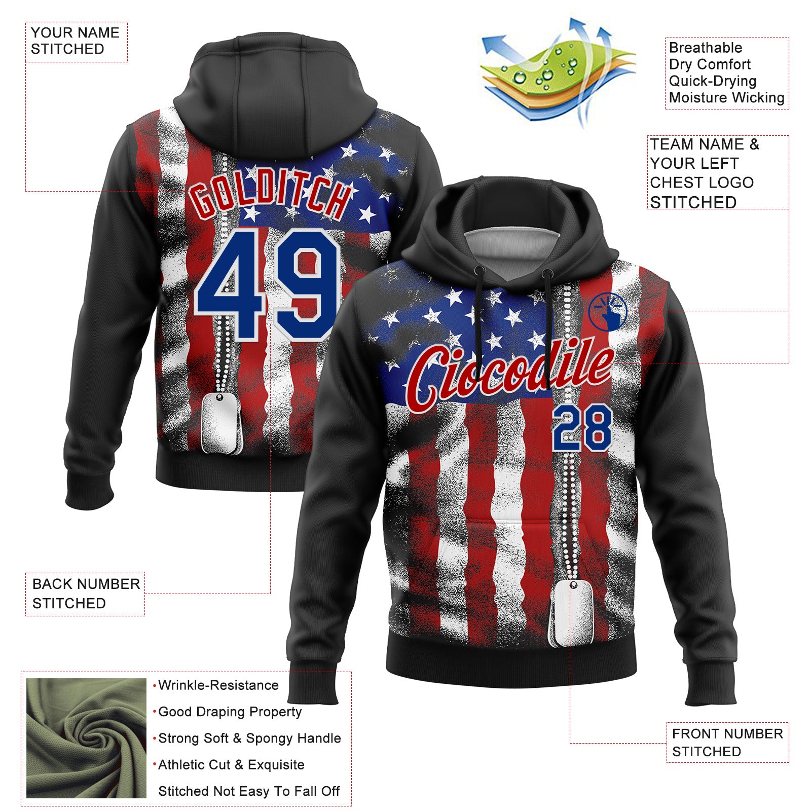 Custom Stitched Black Royal Red-White 3D American Flag Retro Distressed Zip Grunge Sports Pullover Sweatshirt Hoodie