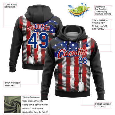 Custom Stitched Black Royal Red-White 3D American Flag Retro Distressed Zip Grunge Sports Pullover Sweatshirt Hoodie