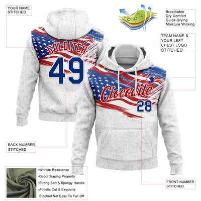 Custom Stitched White Royal-Red 3D American Flag Retro Distressed Grunge Sports Pullover Sweatshirt Hoodie