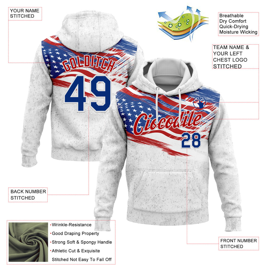 Custom Stitched White Royal-Red 3D American Flag Retro Distressed Grunge Sports Pullover Sweatshirt Hoodie