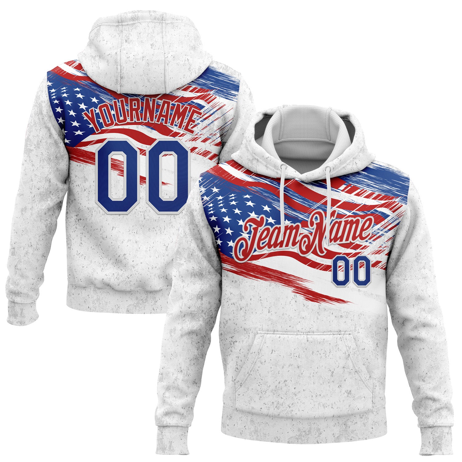 Custom Stitched White Royal-Red 3D American Flag Retro Distressed Grunge Sports Pullover Sweatshirt Hoodie