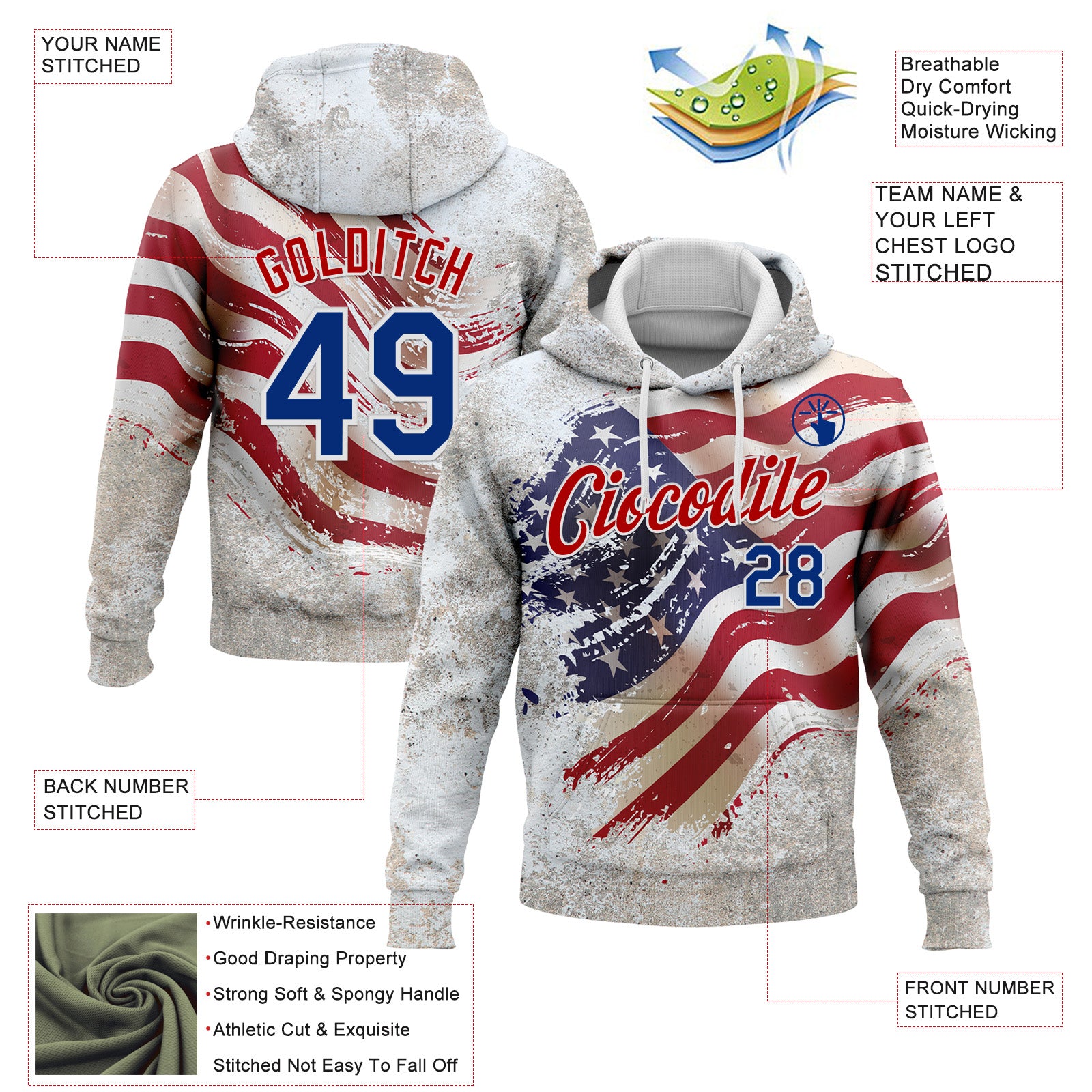 Custom Stitched White Royal-Red 3D American Flag Retro Distressed Grunge Sports Pullover Sweatshirt Hoodie
