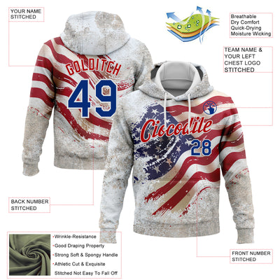 Custom Stitched White Royal-Red 3D American Flag Retro Distressed Grunge Sports Pullover Sweatshirt Hoodie