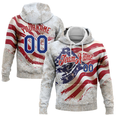 Custom Stitched White Royal-Red 3D American Flag Retro Distressed Grunge Sports Pullover Sweatshirt Hoodie