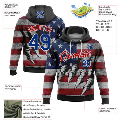 Custom Stitched Black Royal Red-White 3D American Flag Retro Distressed Grunge Sports Pullover Sweatshirt Hoodie