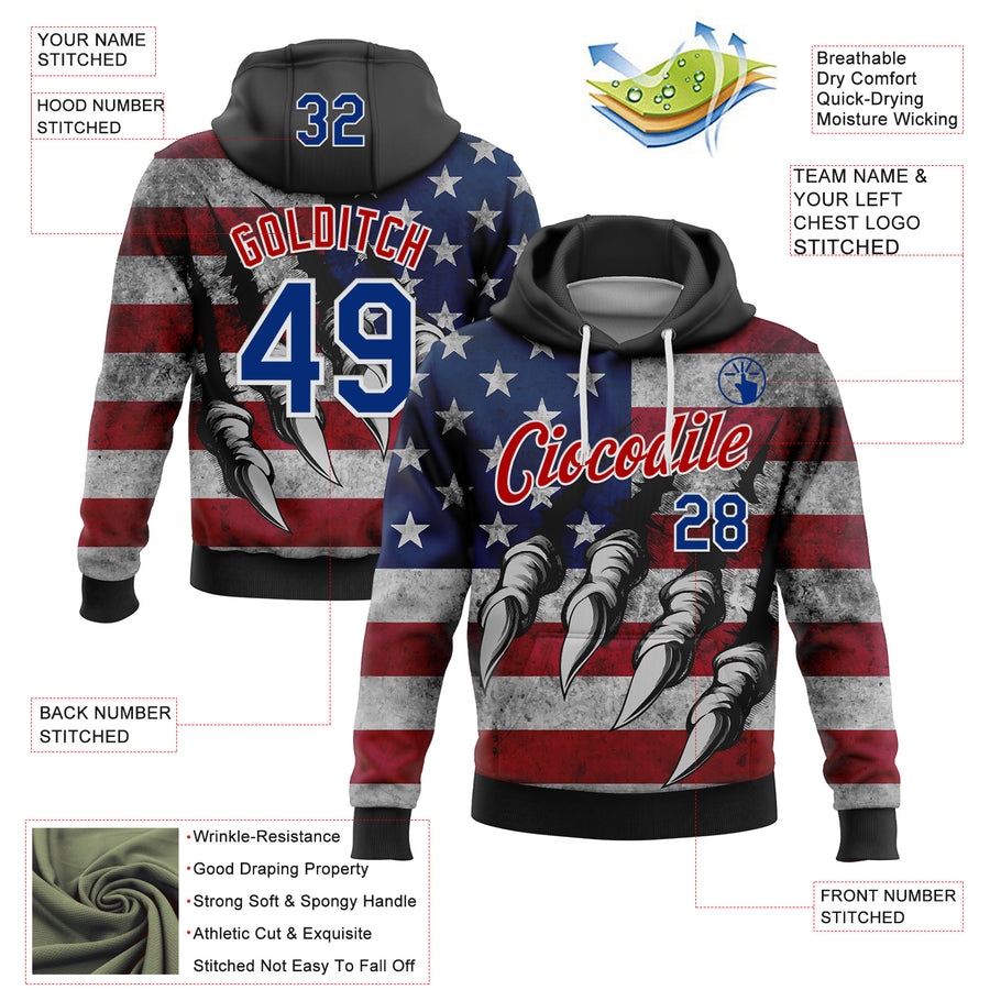 Custom Stitched Black Royal Red-White 3D American Flag Retro Distressed Grunge Sports Pullover Sweatshirt Hoodie
