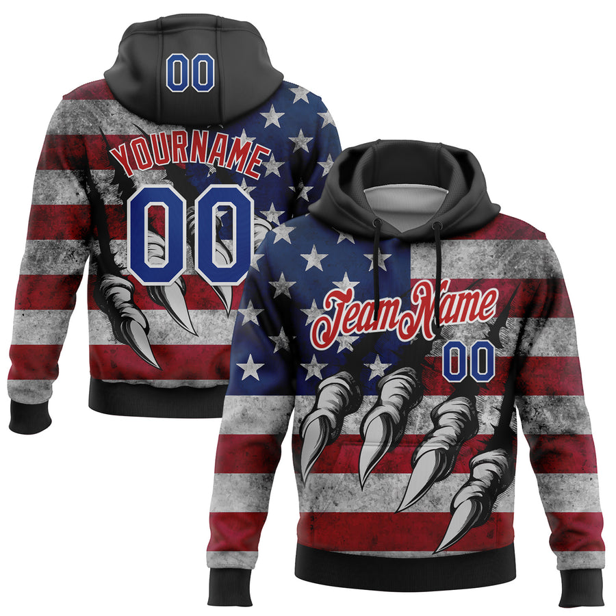 Custom Stitched Black Royal Red-White 3D American Flag Retro Distressed Grunge Sports Pullover Sweatshirt Hoodie