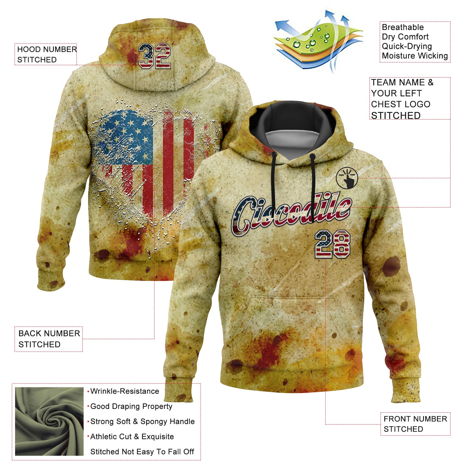Custom Stitched Yellow Vintage USA Flag Black-White 3D American Flag Heart Retro Distressed Grunge Sports Pullover Sweatshirt Hoodie