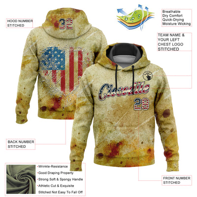 Custom Stitched Yellow Vintage USA Flag Black-White 3D American Flag Heart Retro Distressed Grunge Sports Pullover Sweatshirt Hoodie