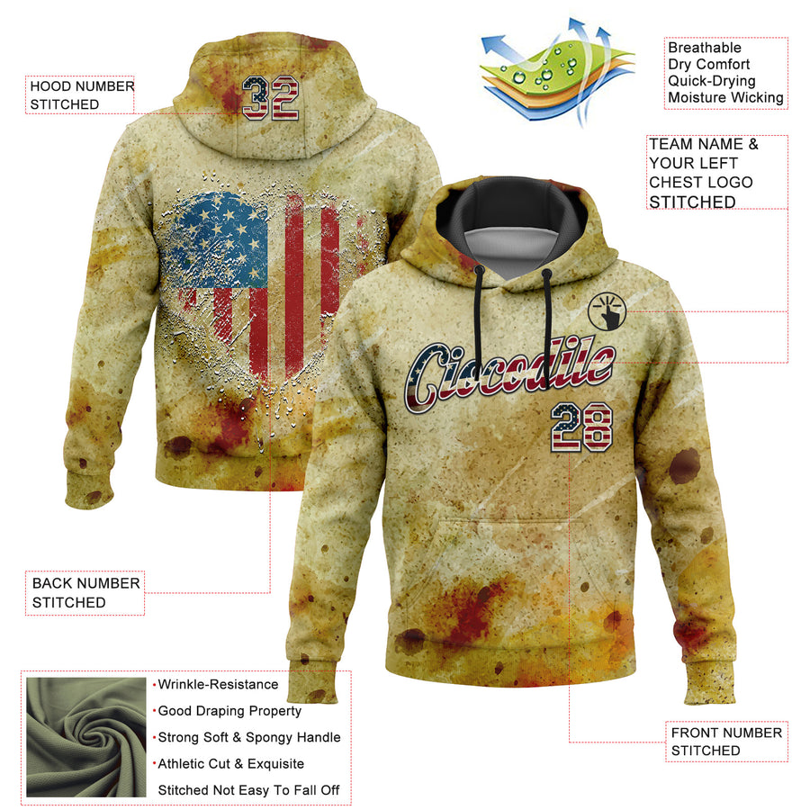 Custom Stitched Yellow Vintage USA Flag Black-White 3D American Flag Heart Retro Distressed Grunge Sports Pullover Sweatshirt Hoodie