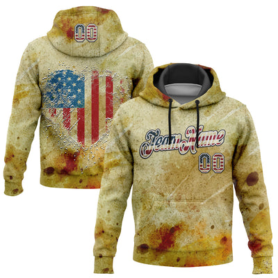 Custom Stitched Yellow Vintage USA Flag Black-White 3D American Flag Heart Retro Distressed Grunge Sports Pullover Sweatshirt Hoodie