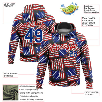 Custom Stitched Black Royal Red-White 3D American Flag Retro Distressed Grunge Sports Pullover Sweatshirt Hoodie