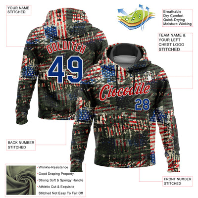 Custom Stitched Black Royal Red-White 3D American Flag Retro Distressed Grunge Sports Pullover Sweatshirt Hoodie