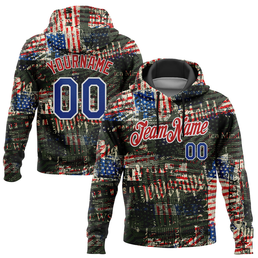 Custom Stitched Black Royal Red-White 3D American Flag Retro Distressed Grunge Sports Pullover Sweatshirt Hoodie