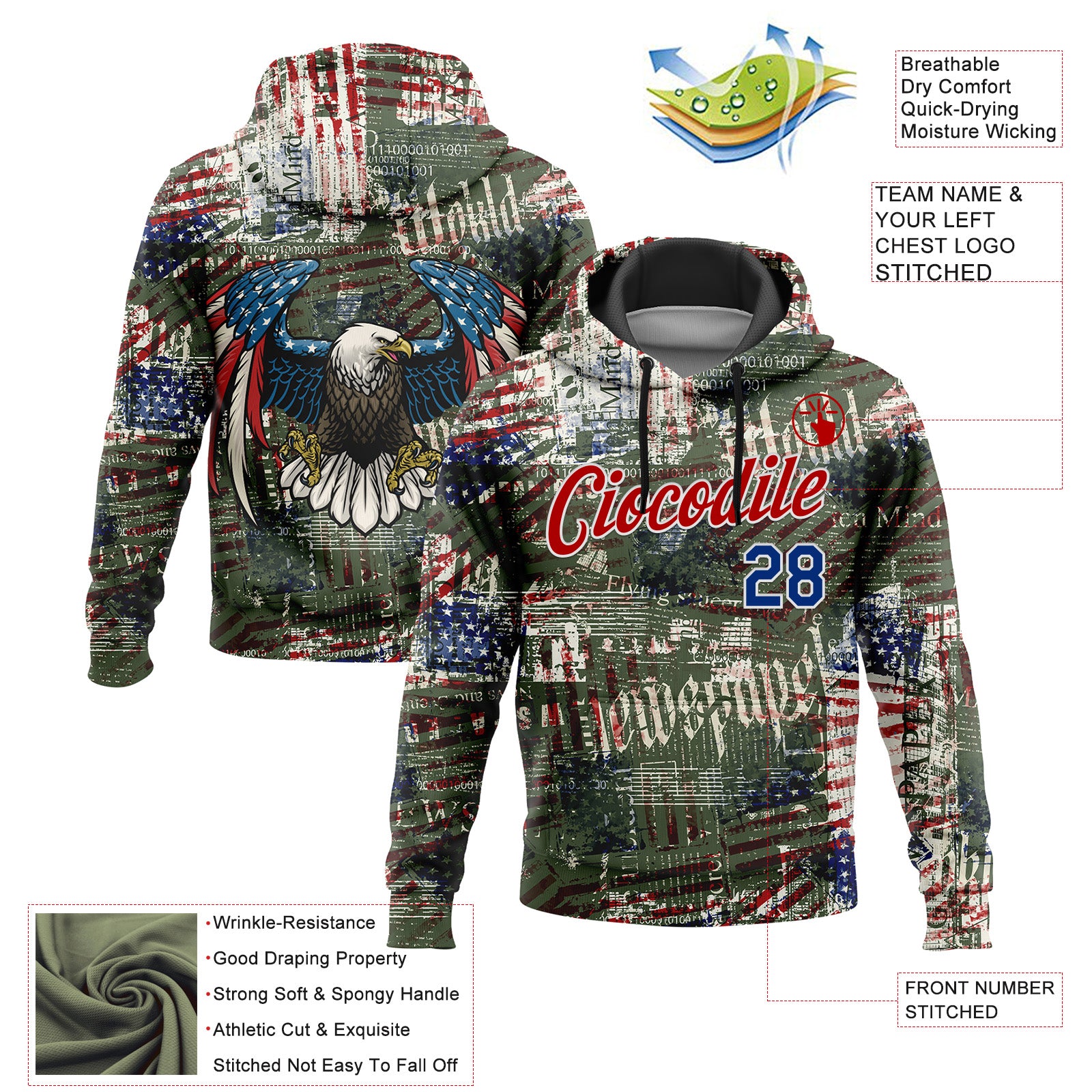 Custom Stitched Black Royal Red-White 3D American Flag Retro Distressed Grunge Sports Pullover Sweatshirt Hoodie