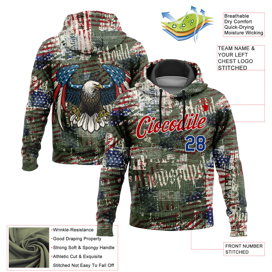 Custom Stitched Black Royal Red-White 3D American Flag Retro Distressed Grunge Sports Pullover Sweatshirt Hoodie