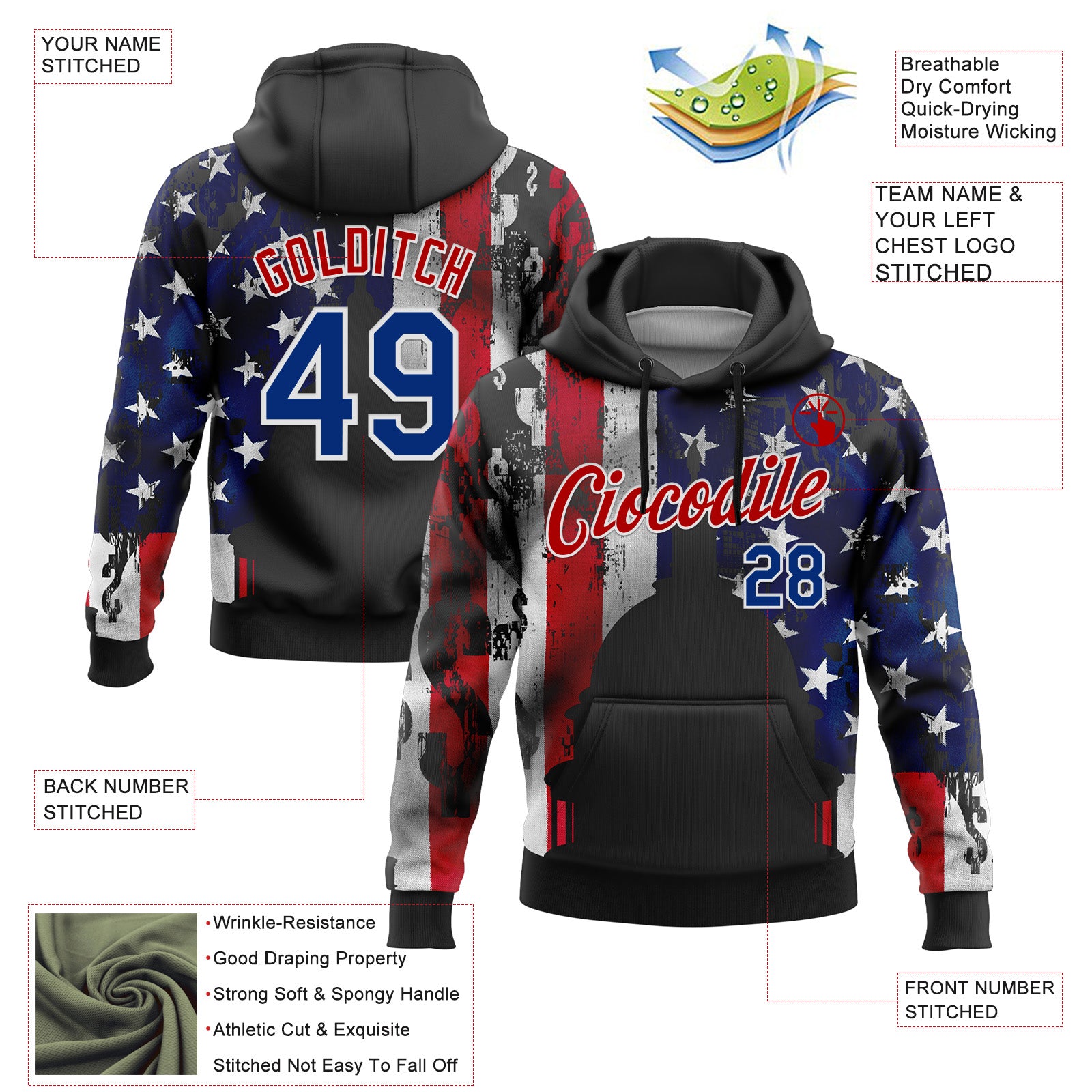 Custom Stitched Black Royal Red-White 3D American Flag Retro Distressed Grunge Sports Pullover Sweatshirt Hoodie