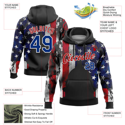 Custom Stitched Black Royal Red-White 3D American Flag Retro Distressed Grunge Sports Pullover Sweatshirt Hoodie