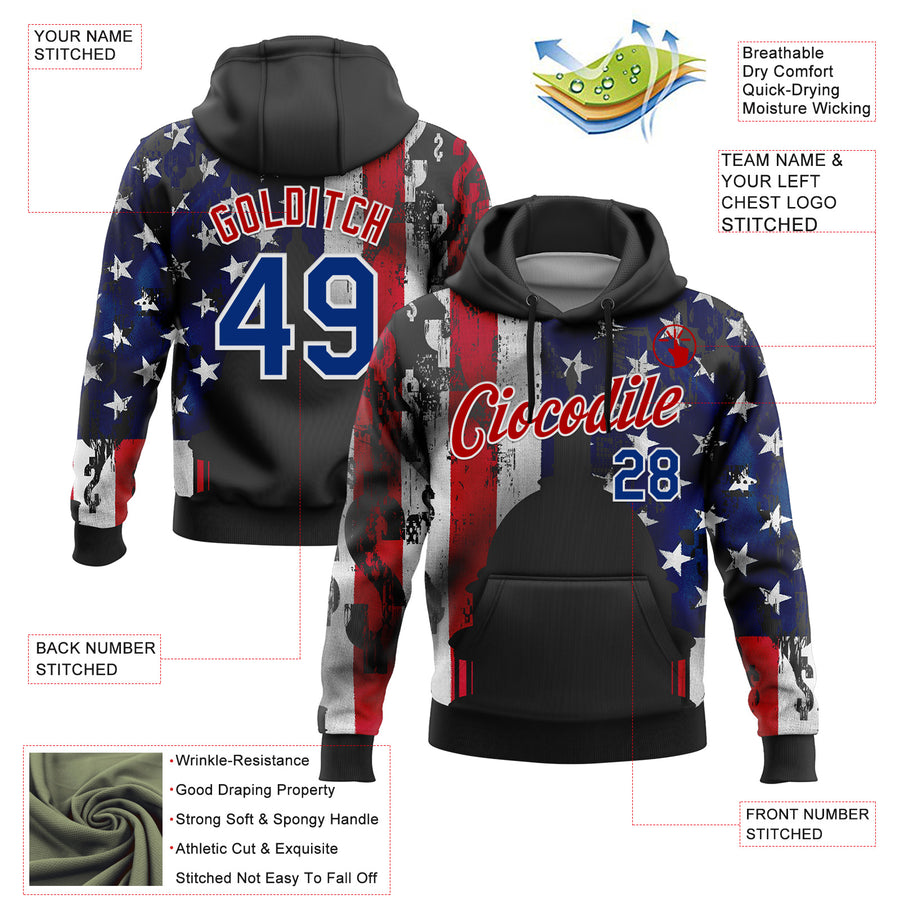 Custom Stitched Black Royal Red-White 3D American Flag Retro Distressed Grunge Sports Pullover Sweatshirt Hoodie