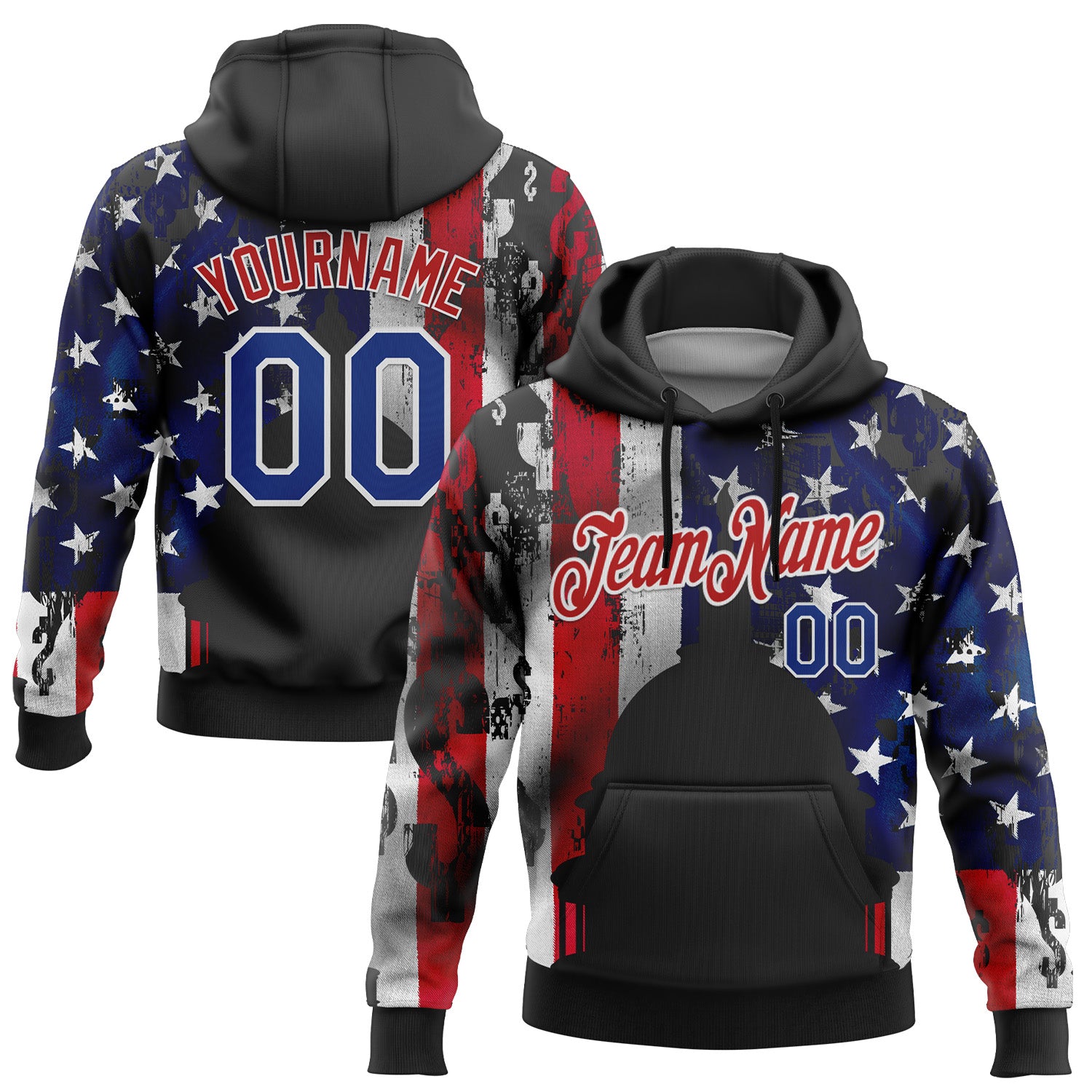 Custom Stitched Black Royal Red-White 3D American Flag Retro Distressed Grunge Sports Pullover Sweatshirt Hoodie