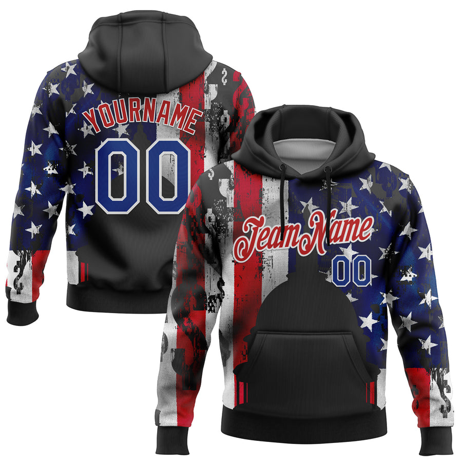 Custom Stitched Black Royal Red-White 3D American Flag Retro Distressed Grunge Sports Pullover Sweatshirt Hoodie