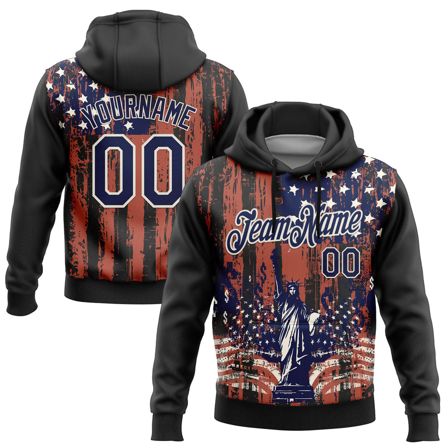 Custom Stitched Black Navy-Cream 3D American Flag Retro Distressed Statue of Liberty Grunge Sports Pullover Sweatshirt Hoodie