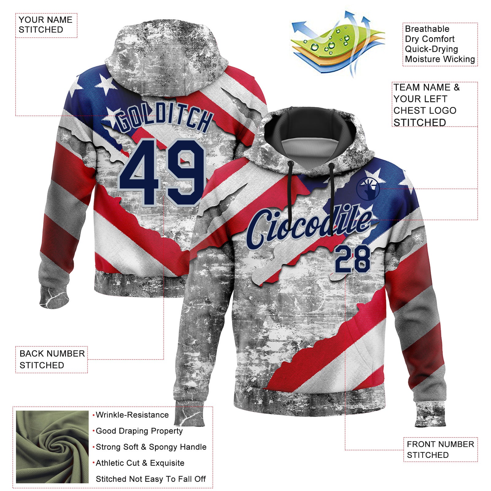 Custom Stitched Gray Navy Red-Silver 3D American Flag Retro Distressed Grunge Sports Pullover Sweatshirt Hoodie