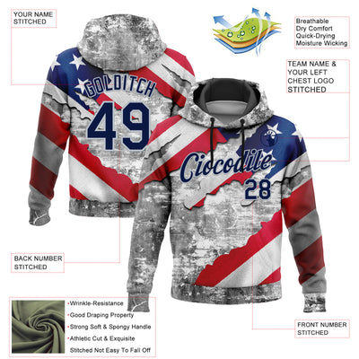 Custom Stitched Gray Navy Red-Silver 3D American Flag Retro Distressed Grunge Sports Pullover Sweatshirt Hoodie