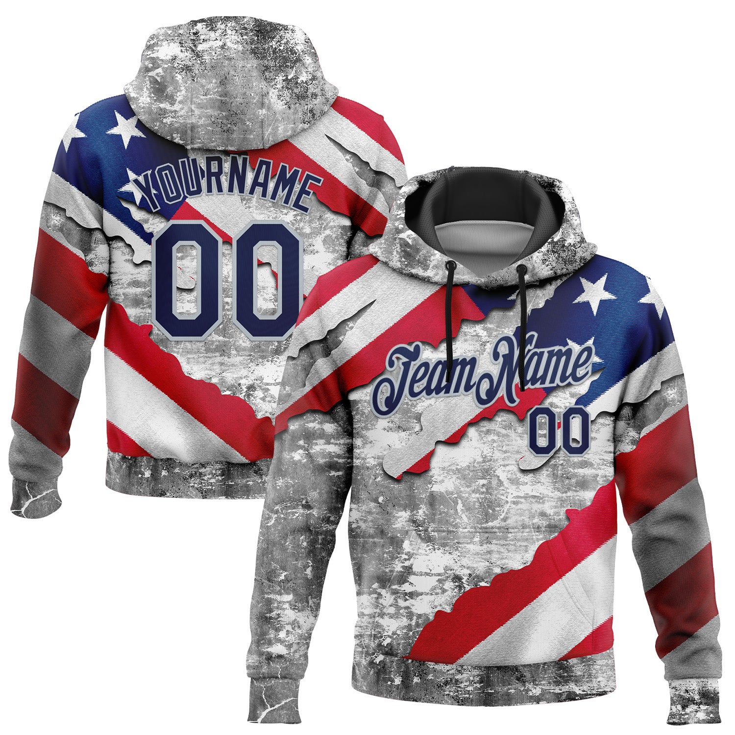 Custom Stitched Gray Navy Red-Silver 3D American Flag Retro Distressed Grunge Sports Pullover Sweatshirt Hoodie
