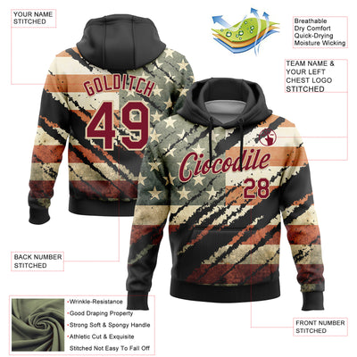 Custom Stitched Black Crimson-City Cream 3D American Flag Retro Distressed Grunge Sports Pullover Sweatshirt Hoodie