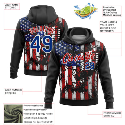 Custom Stitched Black Royal Red-White 3D American Flag Retro Distressed Eagle Grunge Sports Pullover Sweatshirt Hoodie