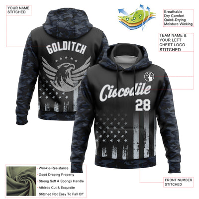 Custom Stitched Black White Camo-Gray 3D American Flag Retro Distressed Eagle Grunge Sports Pullover Sweatshirt Hoodie