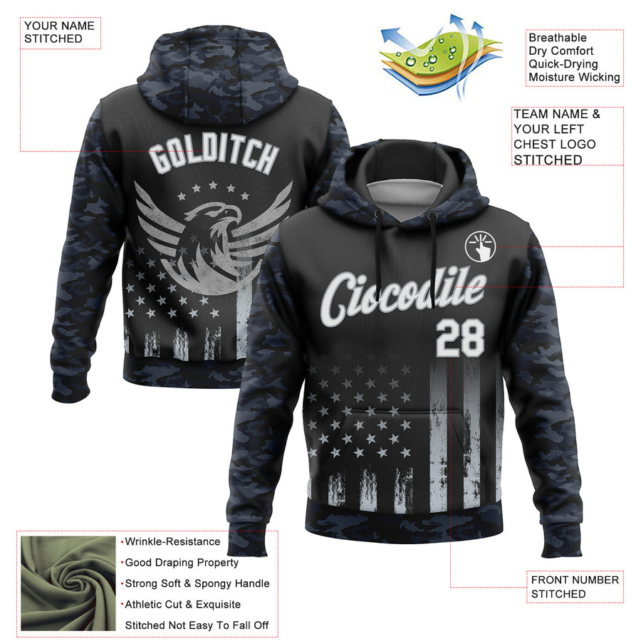 Custom Stitched Black White Camo-Gray 3D American Flag Retro Distressed Eagle Grunge Sports Pullover Sweatshirt Hoodie