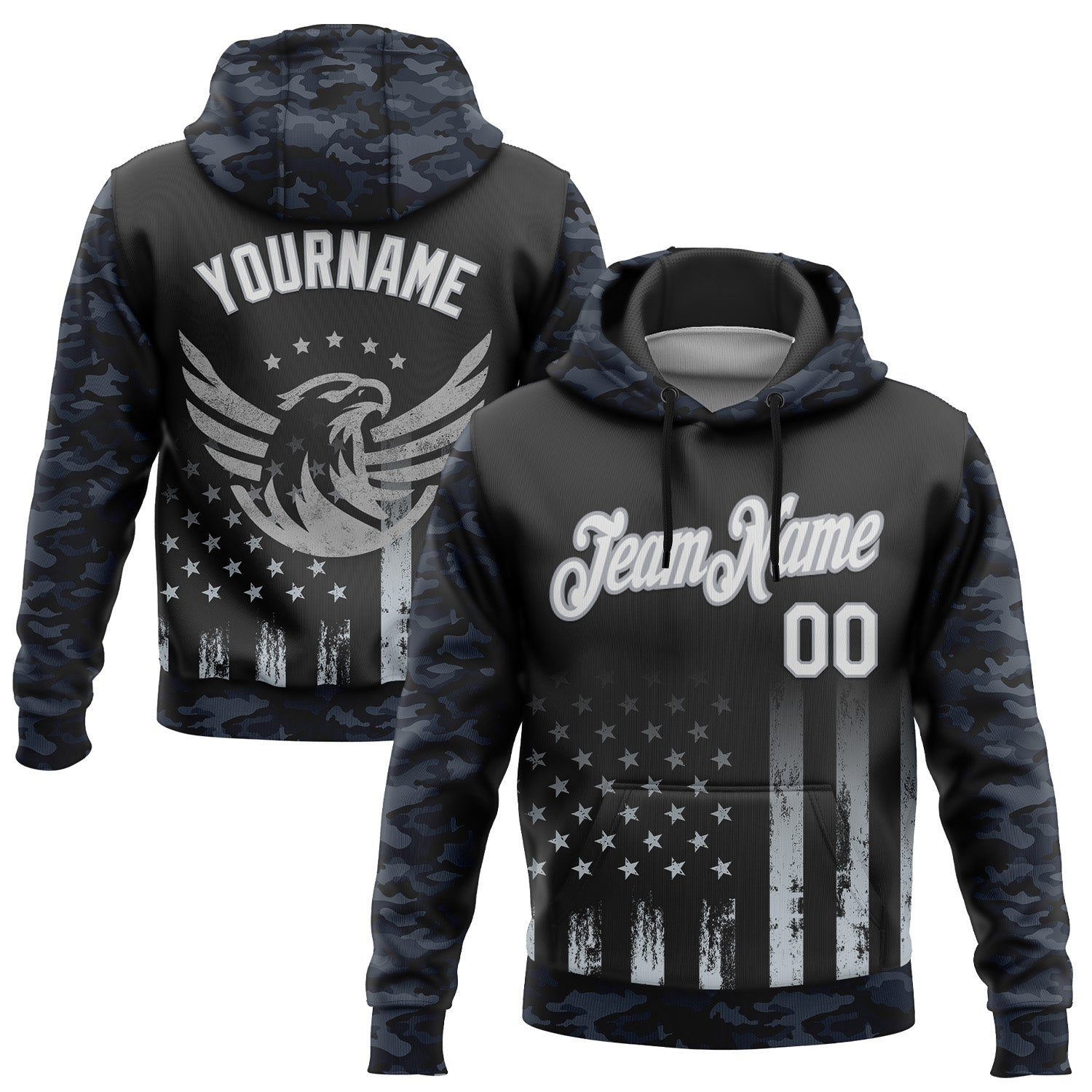 Custom Stitched Black White Camo-Gray 3D American Flag Retro Distressed Eagle Grunge Sports Pullover Sweatshirt Hoodie