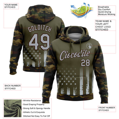 Custom Stitched Olive Gray Camo-Brown 3D American Flag Retro Distressed Grunge Salute To Service Sports Pullover Sweatshirt Hoodie