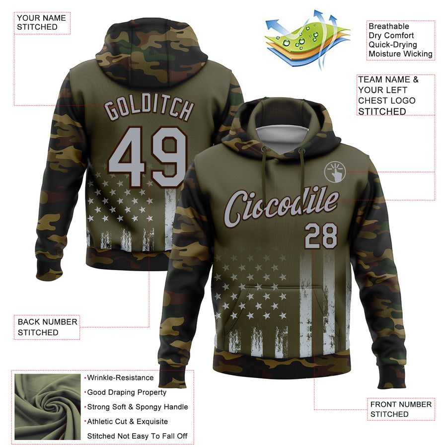 Custom Stitched Olive Gray Camo-Brown 3D American Flag Retro Distressed Grunge Salute To Service Sports Pullover Sweatshirt Hoodie