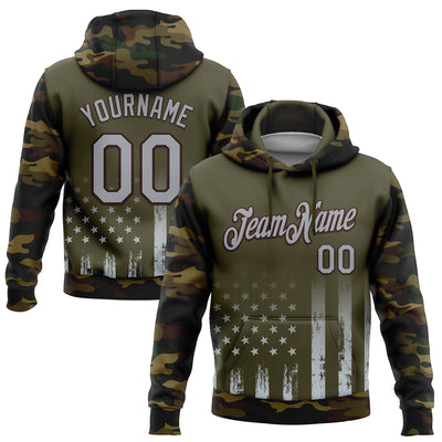 Custom Stitched Olive Gray Camo-Brown 3D American Flag Retro Distressed Grunge Salute To Service Sports Pullover Sweatshirt Hoodie