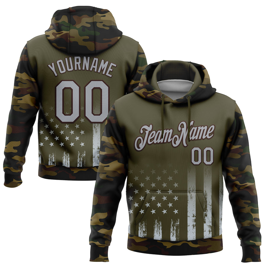 Custom Stitched Olive Gray Camo-Brown 3D American Flag Retro Distressed Grunge Salute To Service Sports Pullover Sweatshirt Hoodie