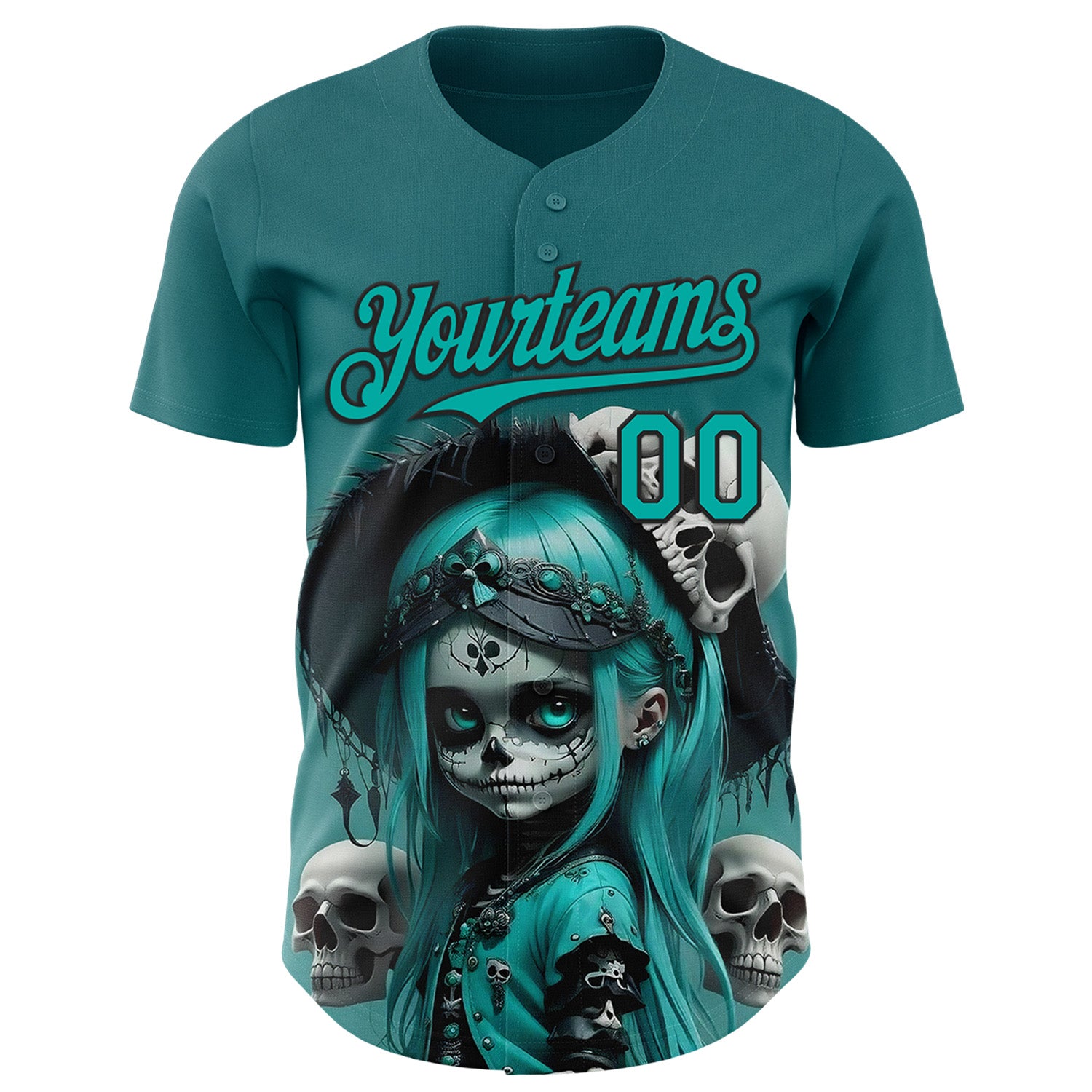 Custom Blue Aqua-Black 3D Halloween Spooky Skull Authentic Baseball Jersey