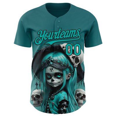 Custom Blue Aqua-Black 3D Halloween Spooky Skull Authentic Baseball Jersey