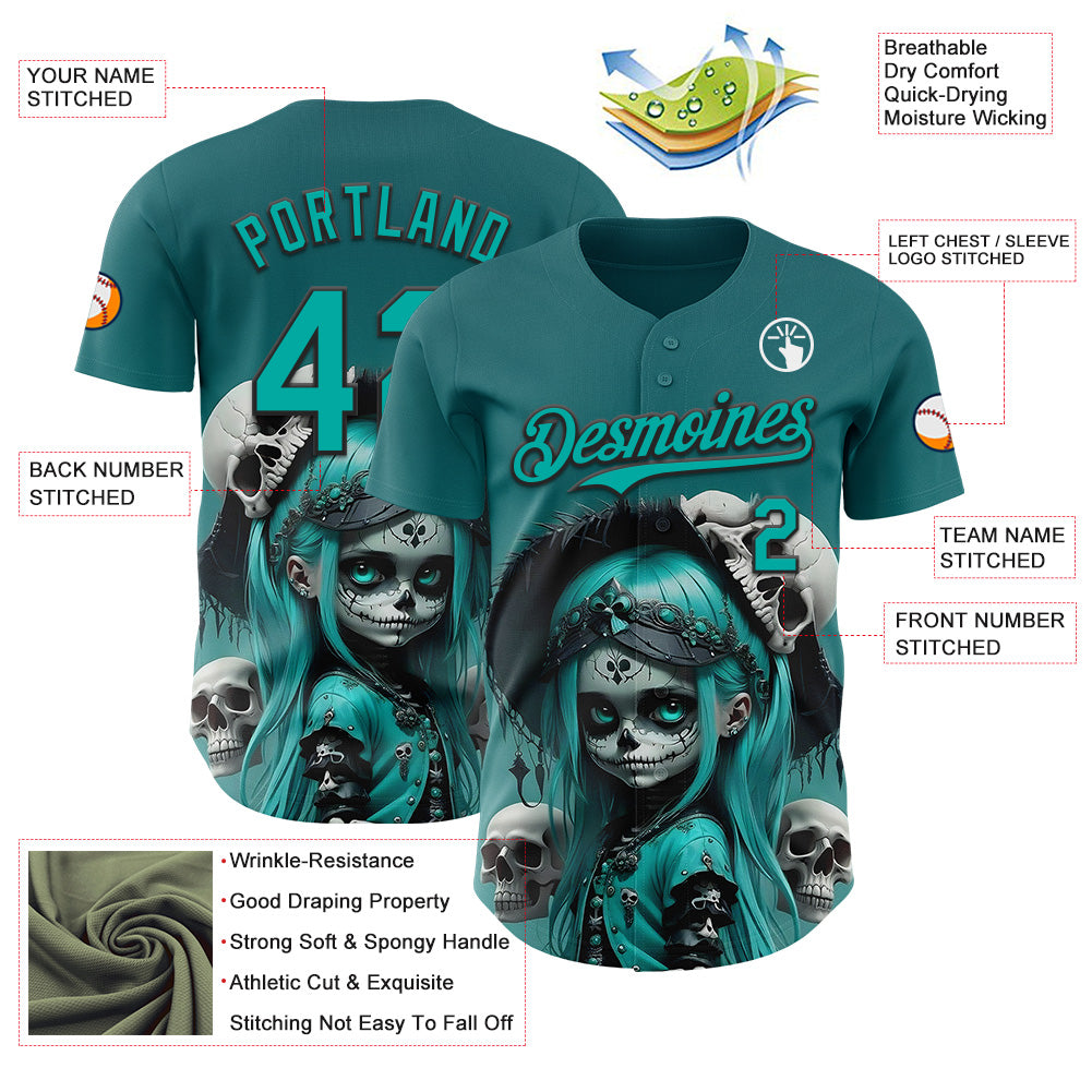 Custom Blue Aqua-Black 3D Halloween Spooky Skull Authentic Baseball Jersey