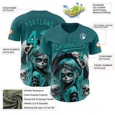 Custom Blue Aqua-Black 3D Halloween Spooky Skull Authentic Baseball Jersey